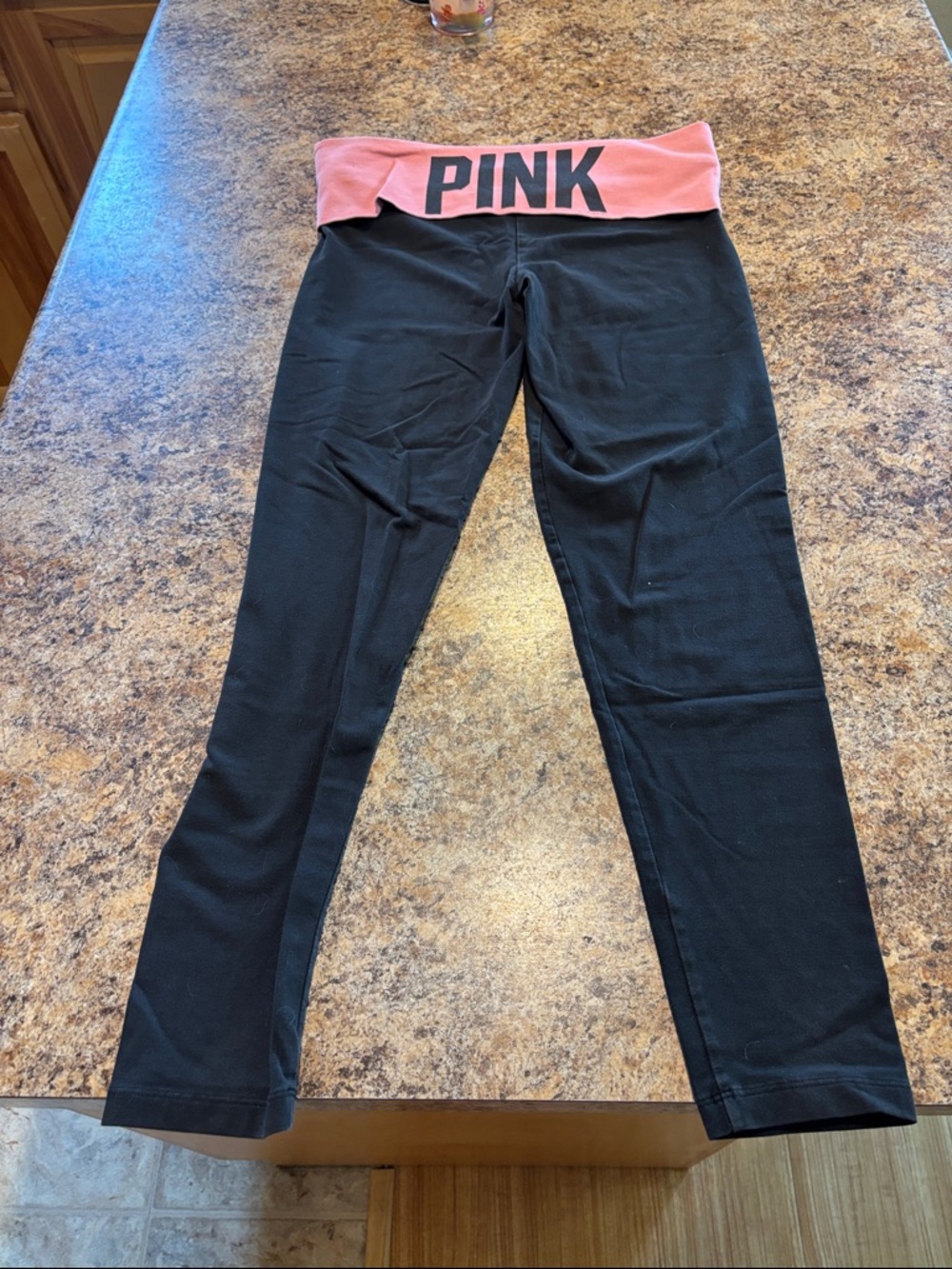 Y2K Vintage PINK Victoria's Secret Black Leggings with Pink Logo Waistband